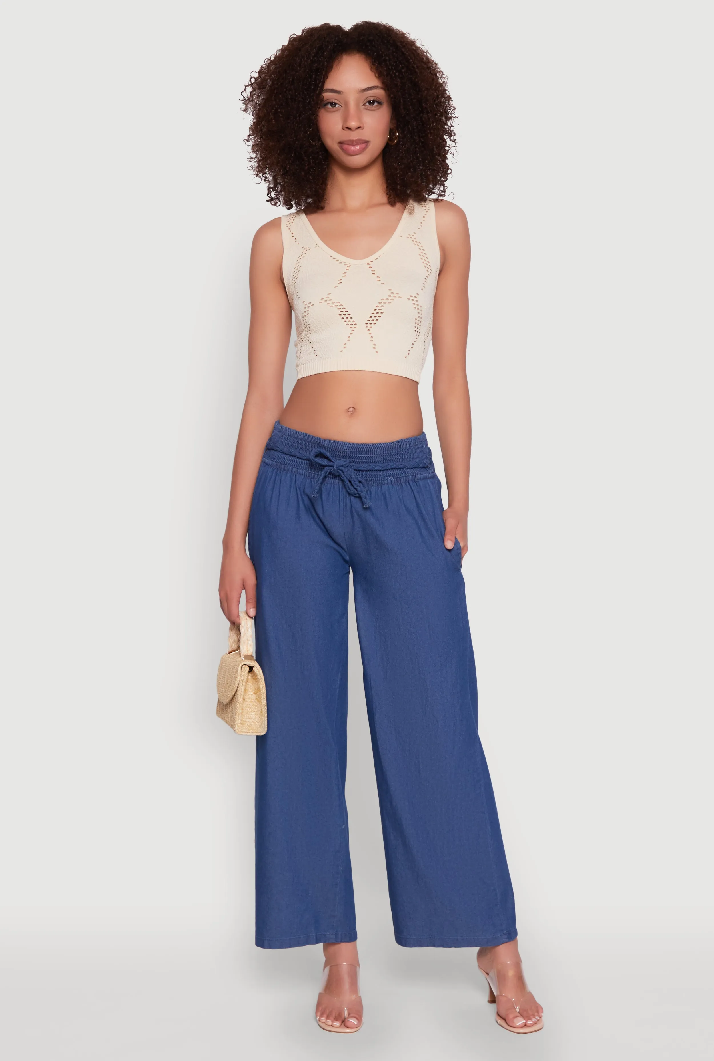 Chambray Tie Waist Belted Pants sold by Rainbow