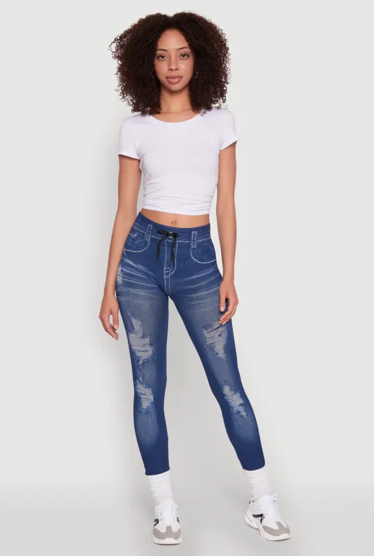 Distressed Whiskered Denim Print Leggings sold by Rainbow