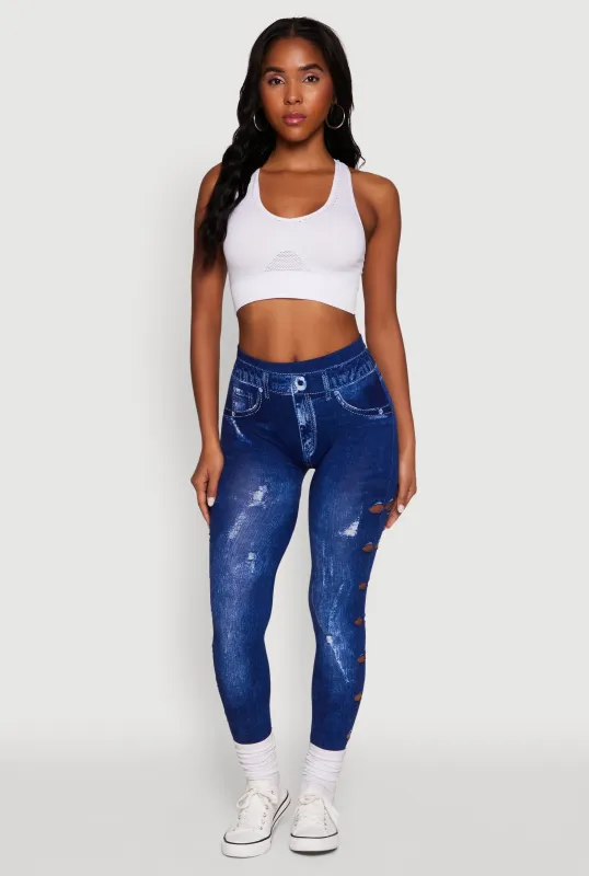 Laser Cut Distressed Denim Print Leggings sold by Rainbow