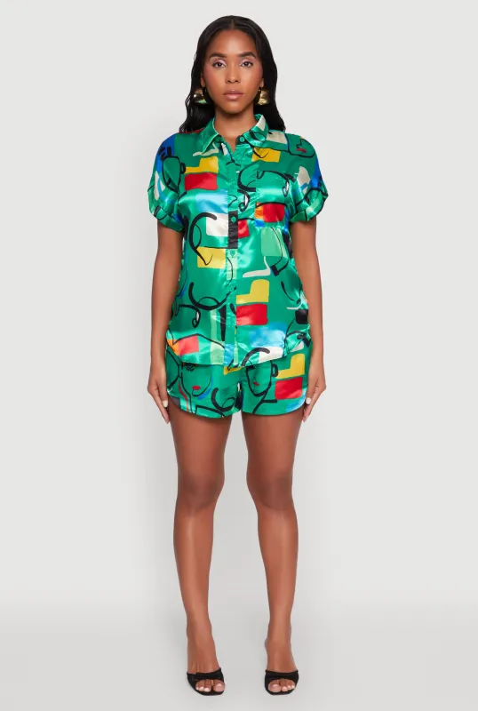 Satin Geometric Print High Waisted Shorts sold by Rainbow