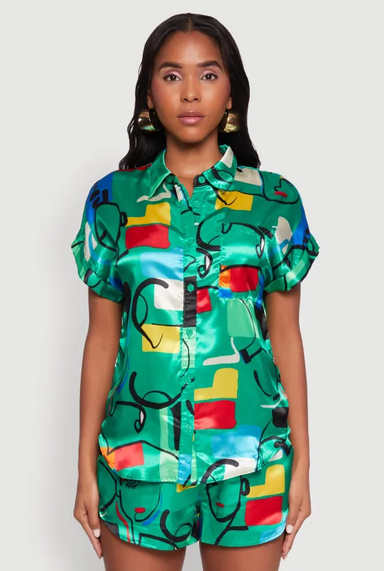 Satin Abstract Print Dolman Sleeve Shirt sold by Rainbow