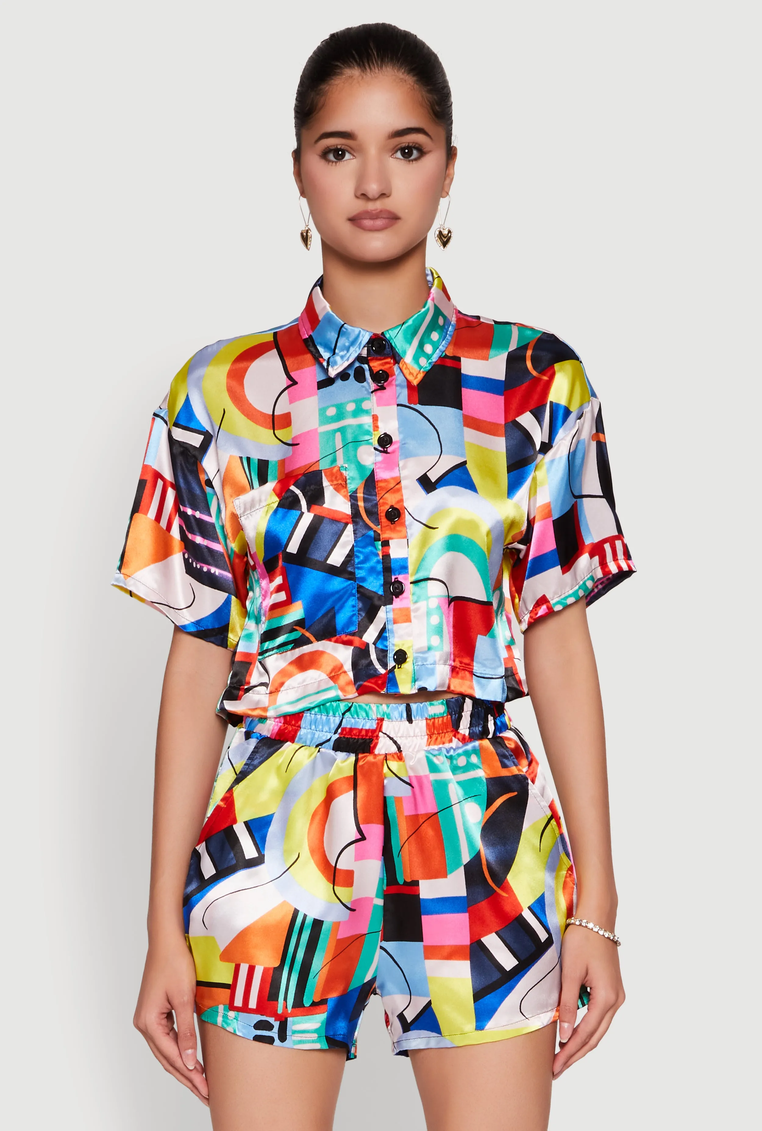 Abstract Print Cropped Button Front Shirt sold by Rainbow