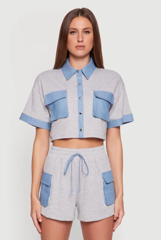 Chambray Detail Short Sleeve Crop Top sold by Rainbow