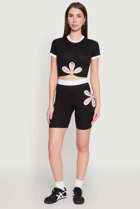 O Ring Flower Cut Out Biker Shorts sold by Rainbow