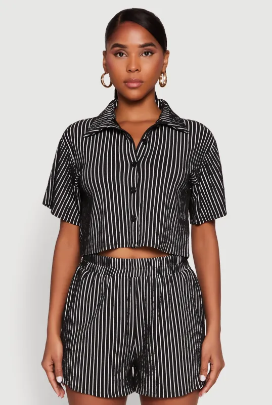 Textured Knit Striped Cropped Shirt sold by Rainbow