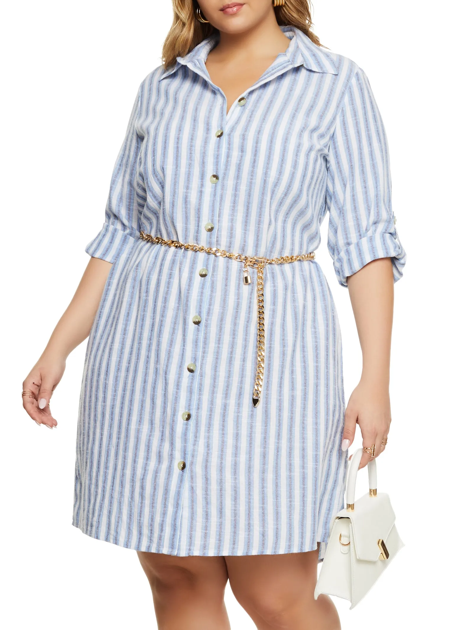 Plus Size Striped Tabbed Sleeve Shirt Dress sold by Rainbow