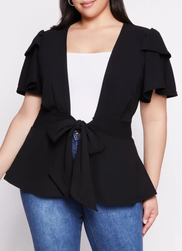 Plus Size Tiered Sleeve Tie Front Peplum Top sold by Rainbow