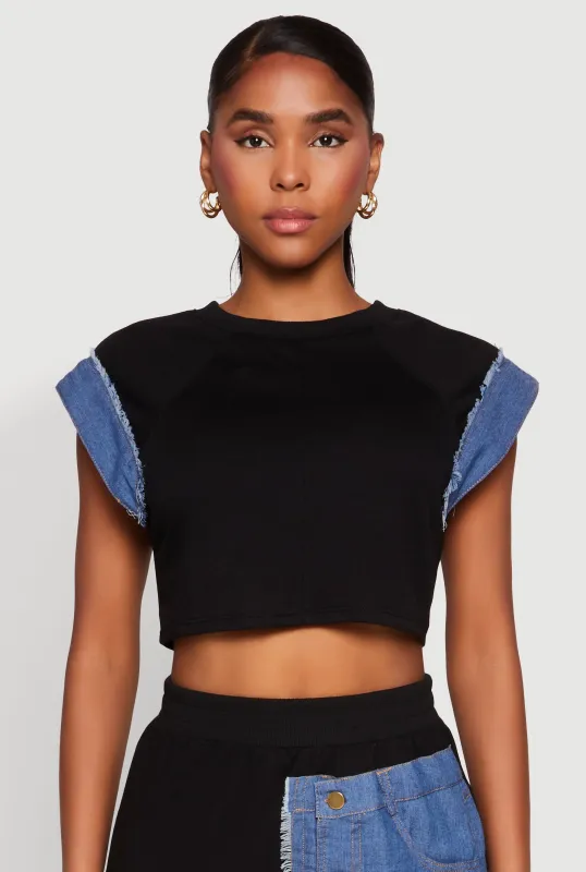 Denim Trim Cap Sleeve Crop Top sold by Rainbow