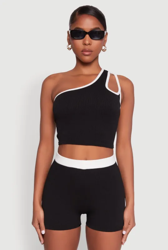 Contrast Trim Keyhole One Shoulder Crop Top sold by Rainbow