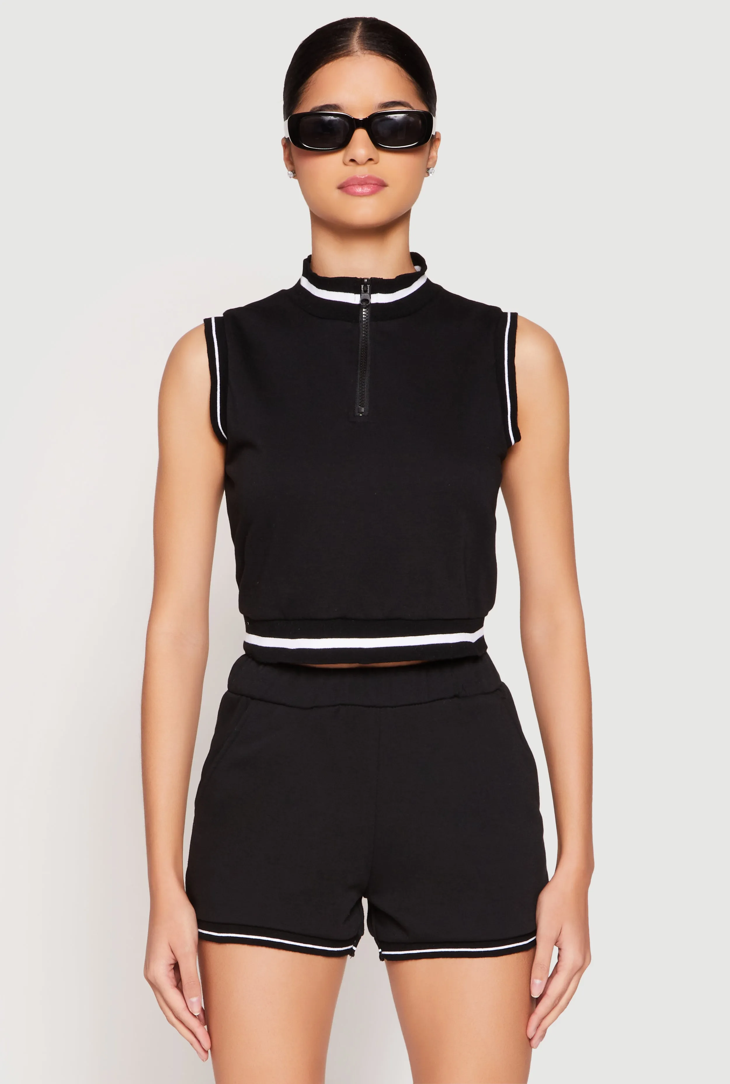 Striped Trim Sleeveless Half Zip Top sold by Rainbow