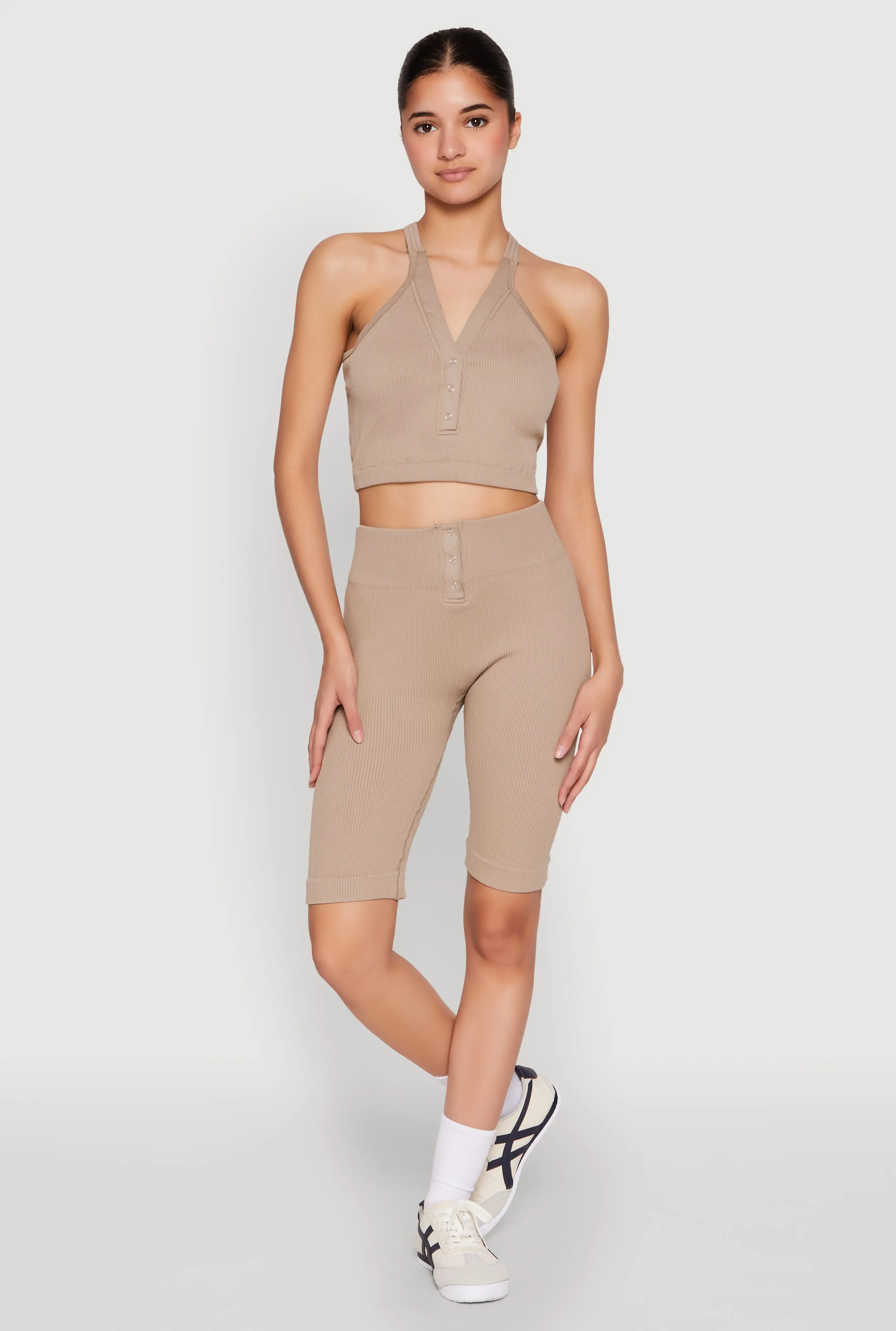 Seamless Ribbed Button Detail Biker Shorts sold by Rainbow product image thumbnail 4