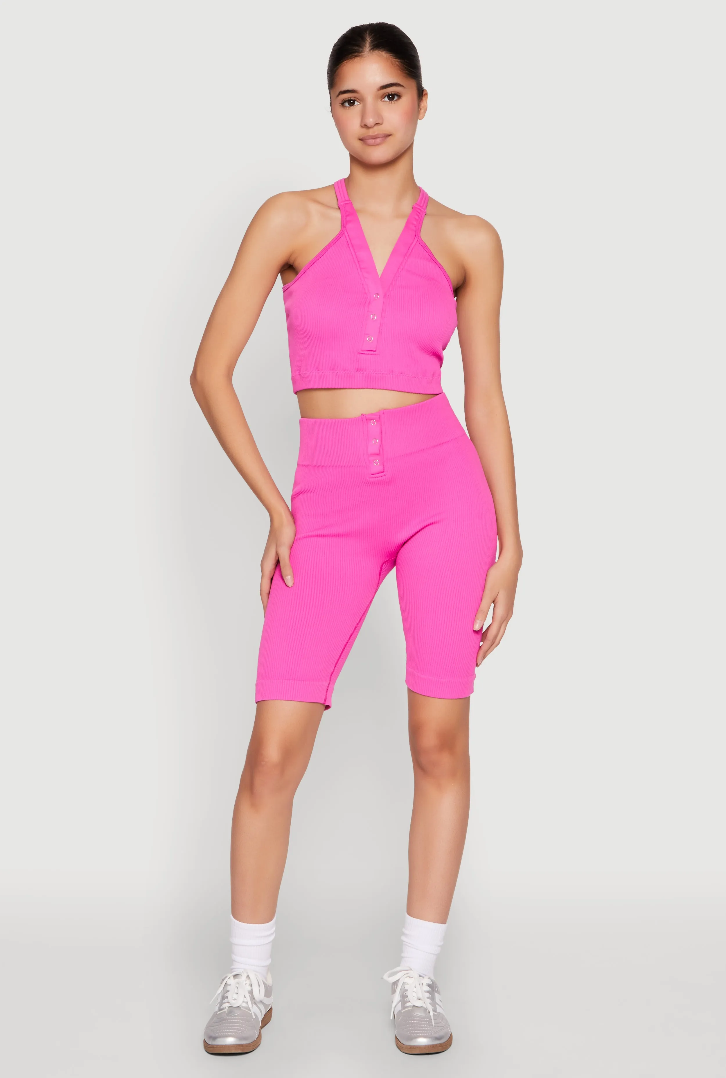 Seamless Ribbed Button Detail Biker Shorts sold by Rainbow product image thumbnail 3