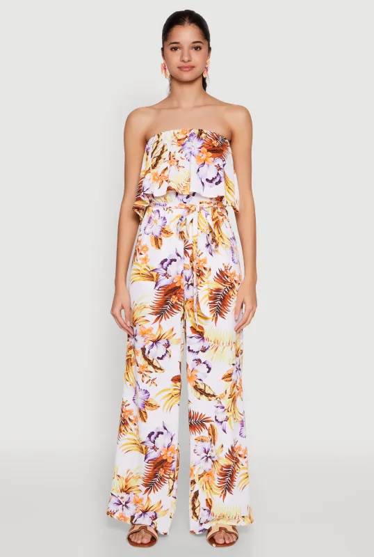 Floral Tie Waist Belted Strapless Overlay Jumpsuit sold by Rainbow