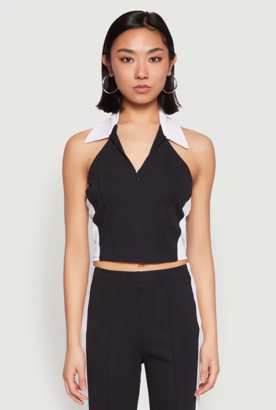 Color Blocked Collared Halter Crop Top sold by Rainbow