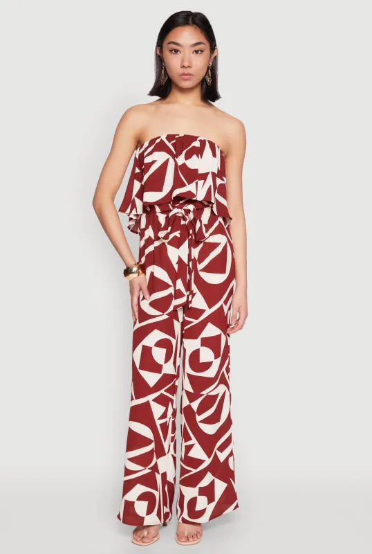 Printed Tie Waist Belted Strapless Overlay Jumpsuit sold by Rainbow