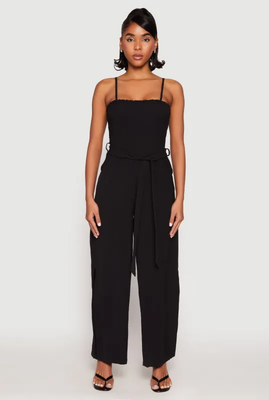 Side Slit Smocked Tie Waist Jumpsuit sold by Rainbow