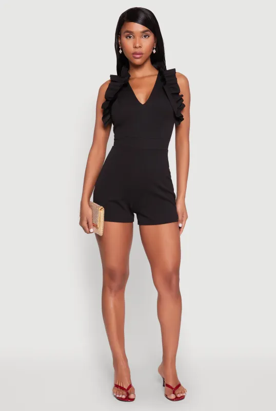 Crepe Knit Ruffle Trim Zip Back Romper sold by Rainbow
