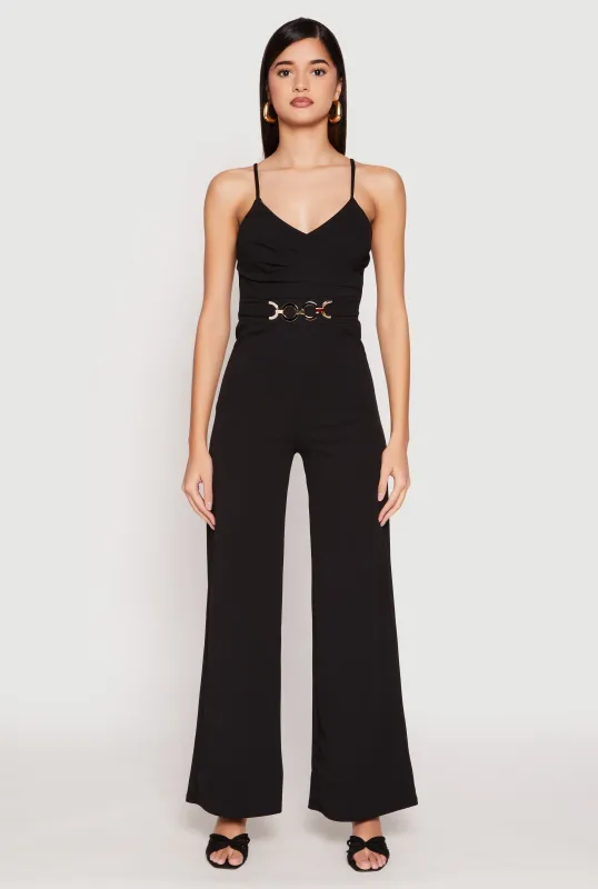 Crepe Knit Chain Belted Front Jumpsuit sold by Rainbow