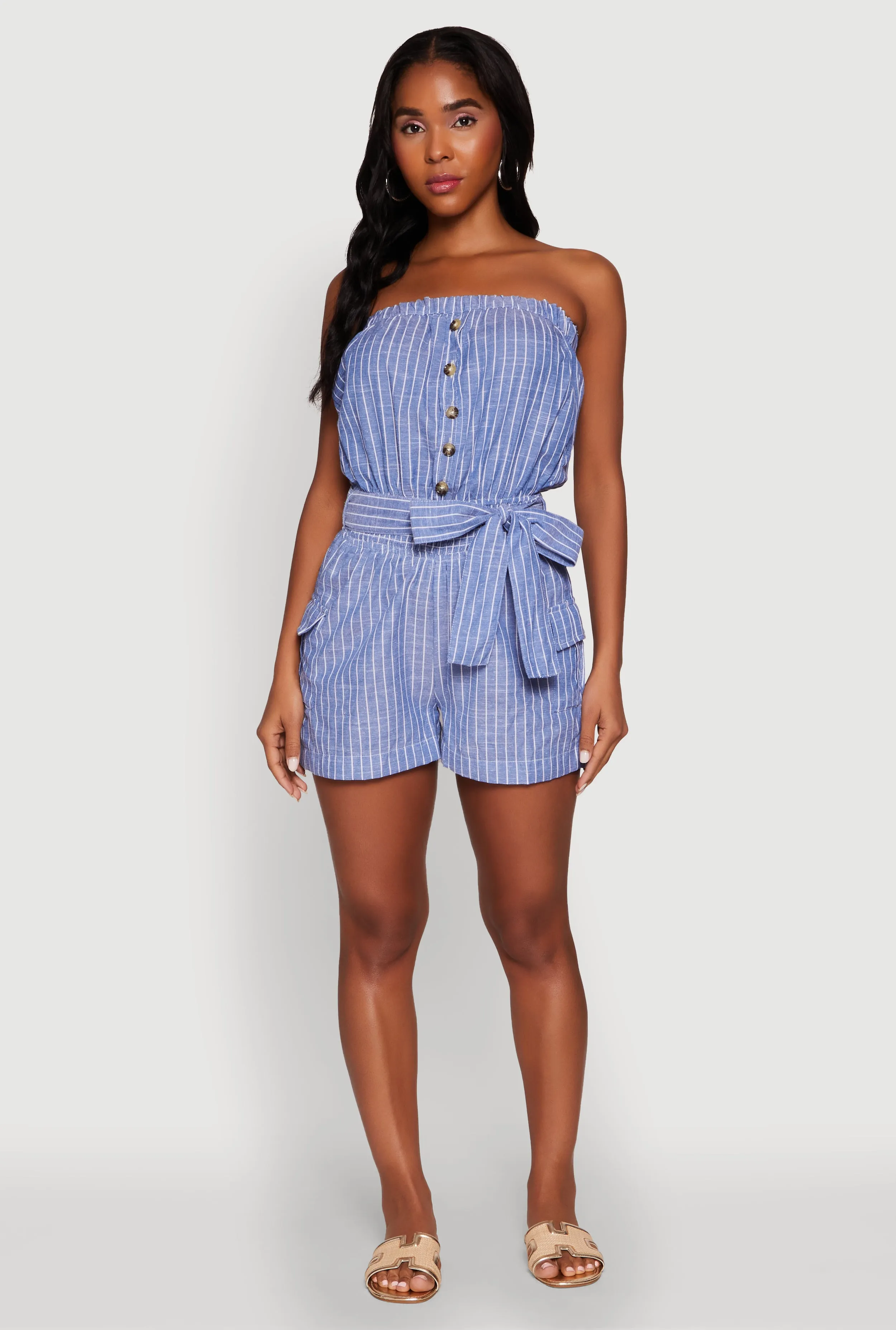 Tie Waist Belted Striped Strapless Cargo Romper sold by Rainbow product image thumbnail 3