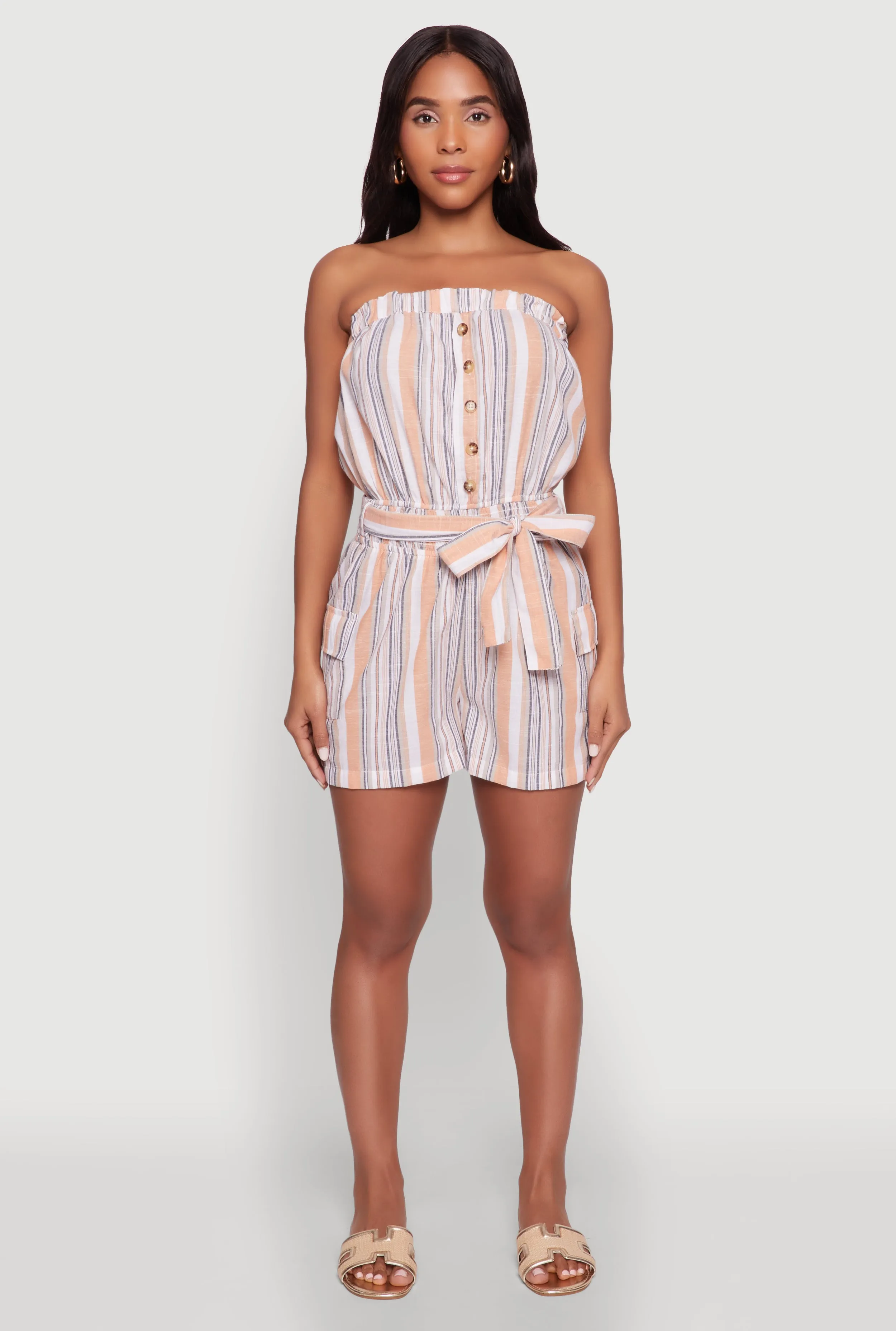 Striped Tie Waist Belted Cargo Pocket Romper sold by Rainbow
