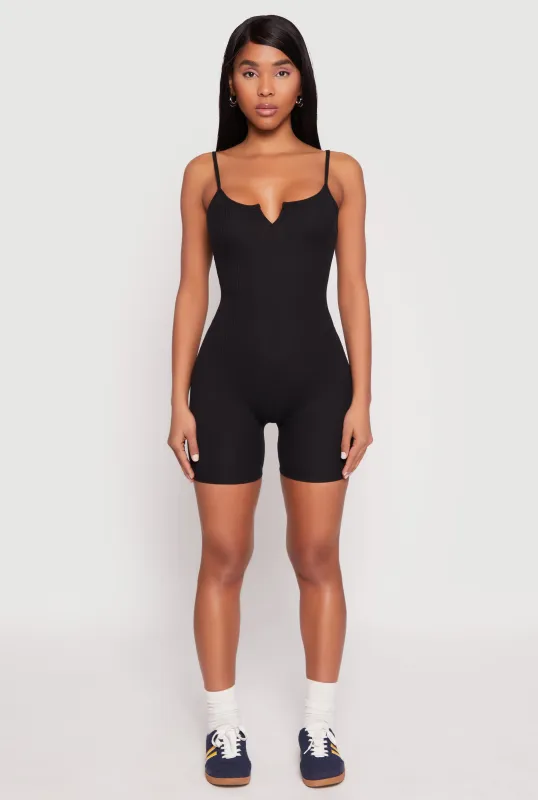 Ribbed Knit Notch Neck Cami Romper sold by Rainbow