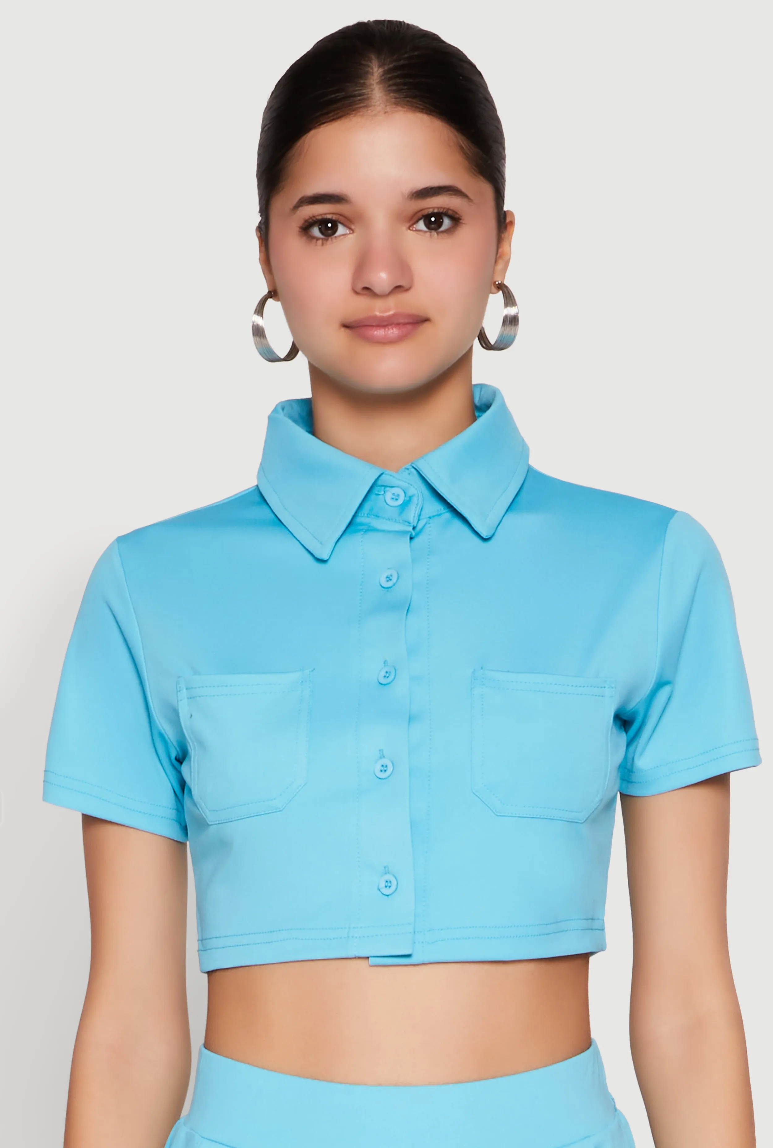 Short Sleeve Button Front Cropped Shirt sold by Rainbow product image thumbnail 5