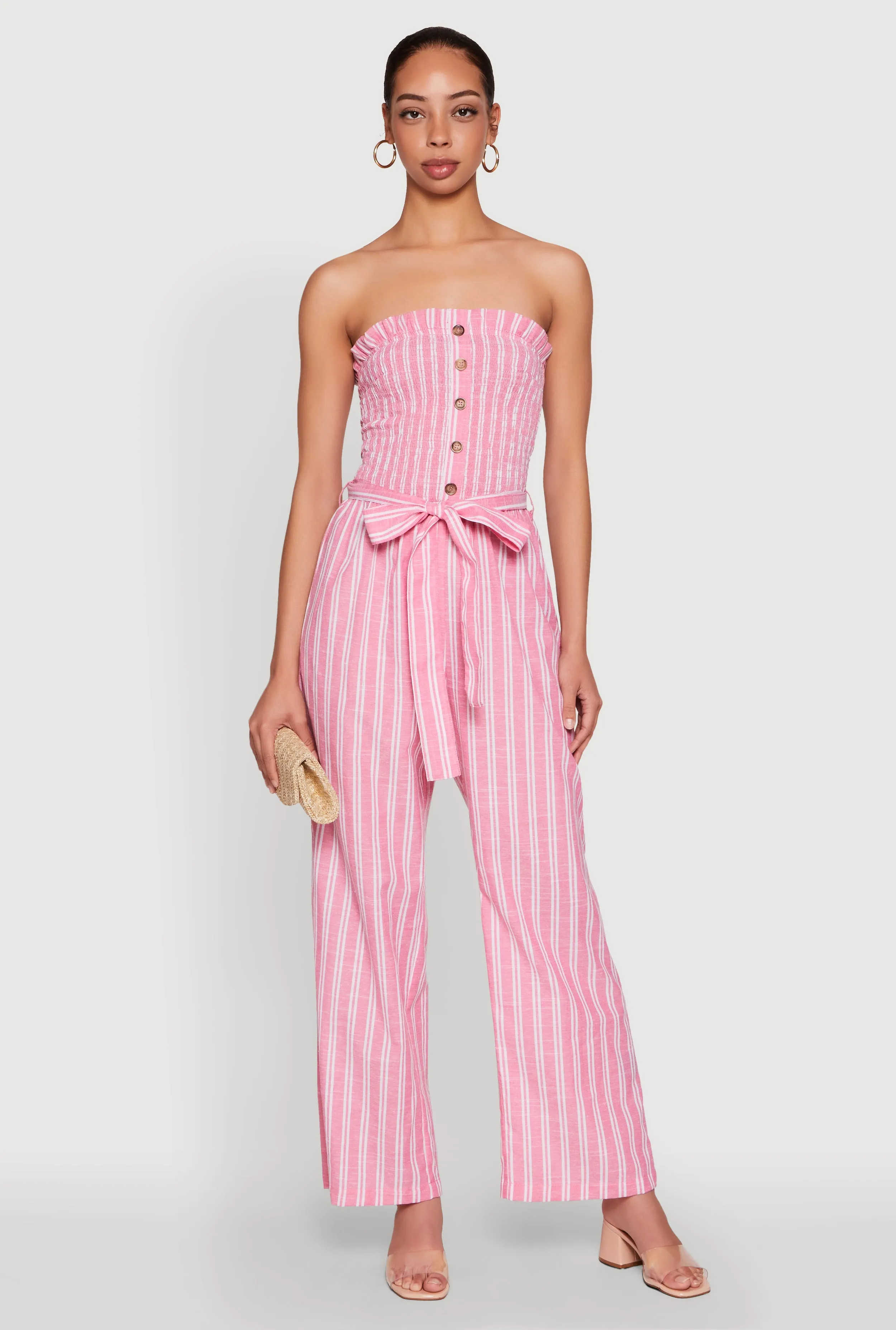 Smocked Tie Waist Belted Pinstripe Jumpsuit sold by Rainbow product image thumbnail 3