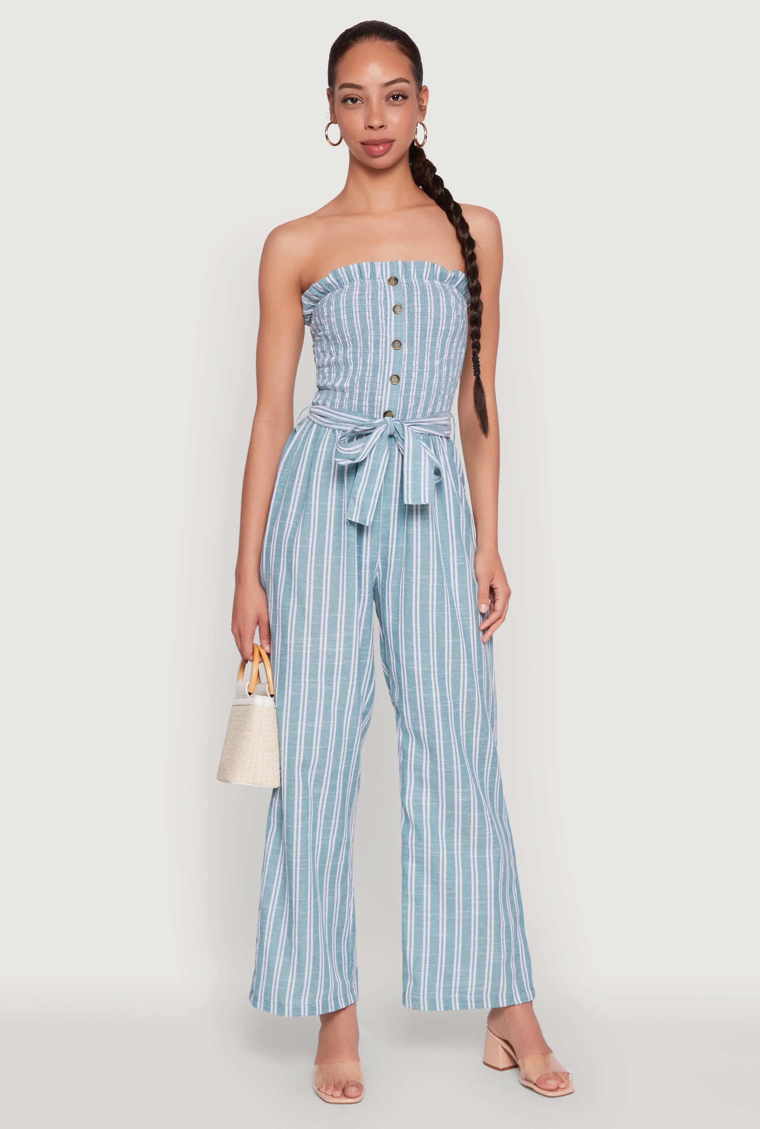 Smocked Tie Waist Belted Pinstripe Jumpsuit sold by Rainbow product image thumbnail 2