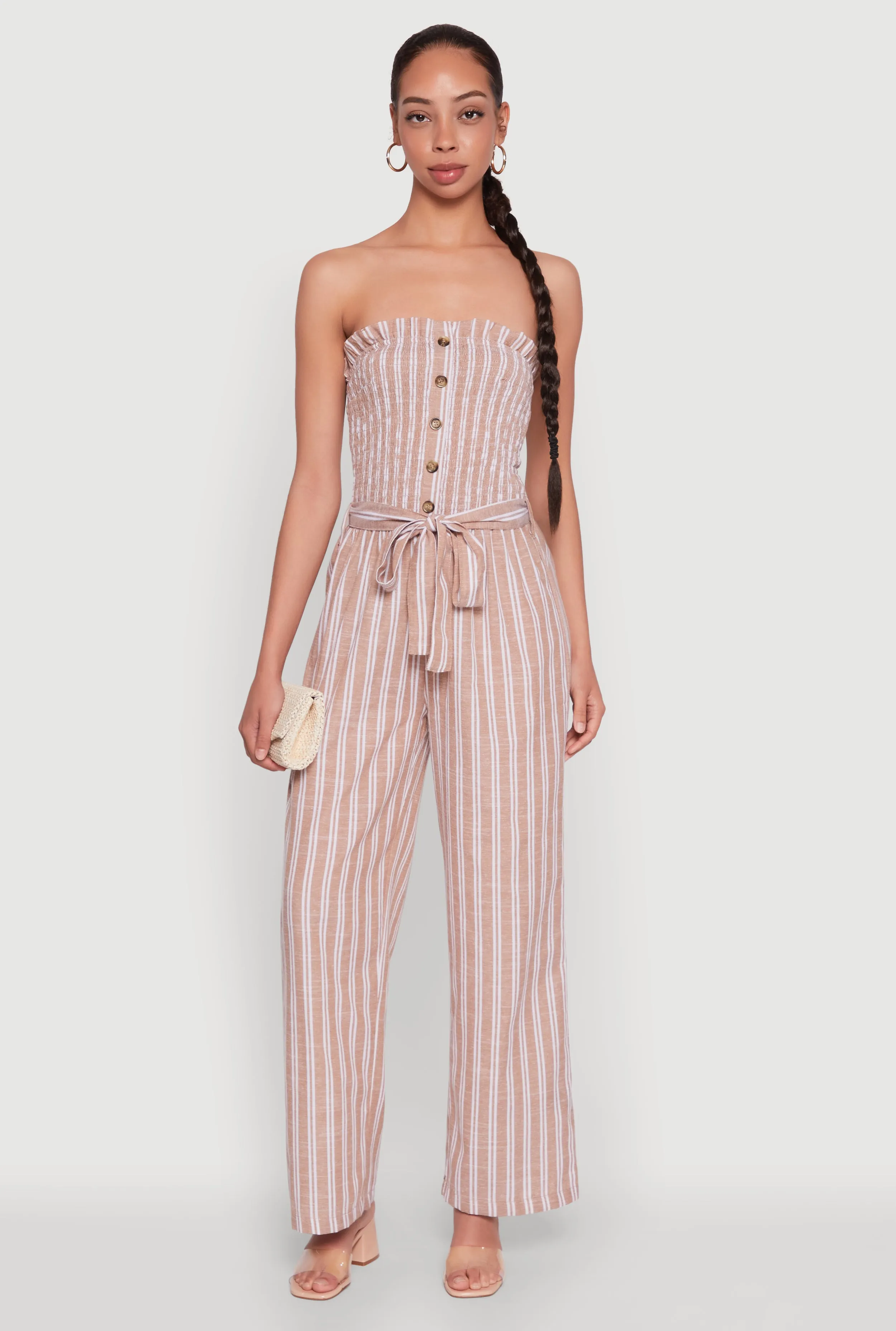 Smocked Tie Waist Belted Pinstripe Jumpsuit sold by Rainbow