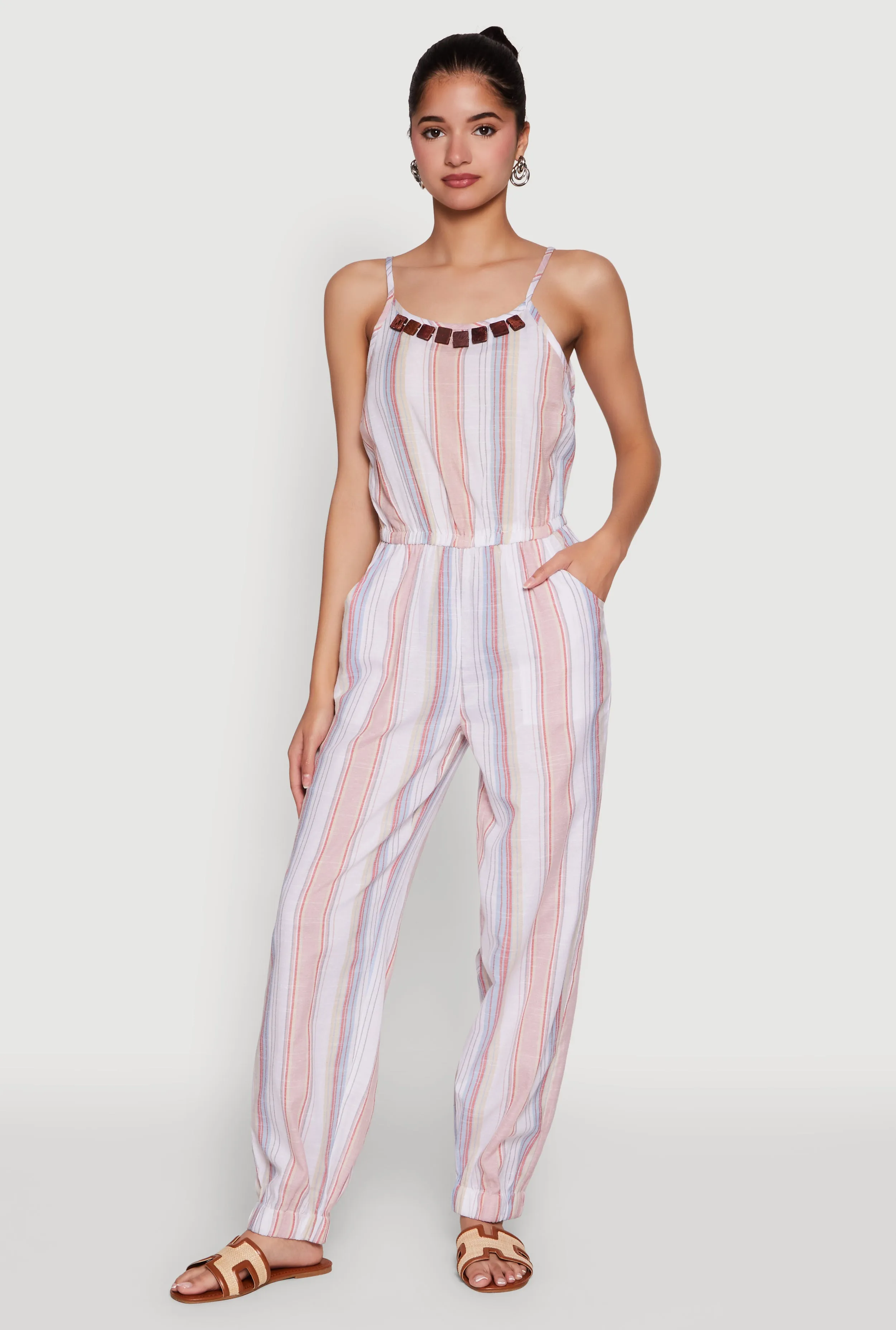 Wooden Beaded Scoop Neck Striped Jumpsuit sold by Rainbow