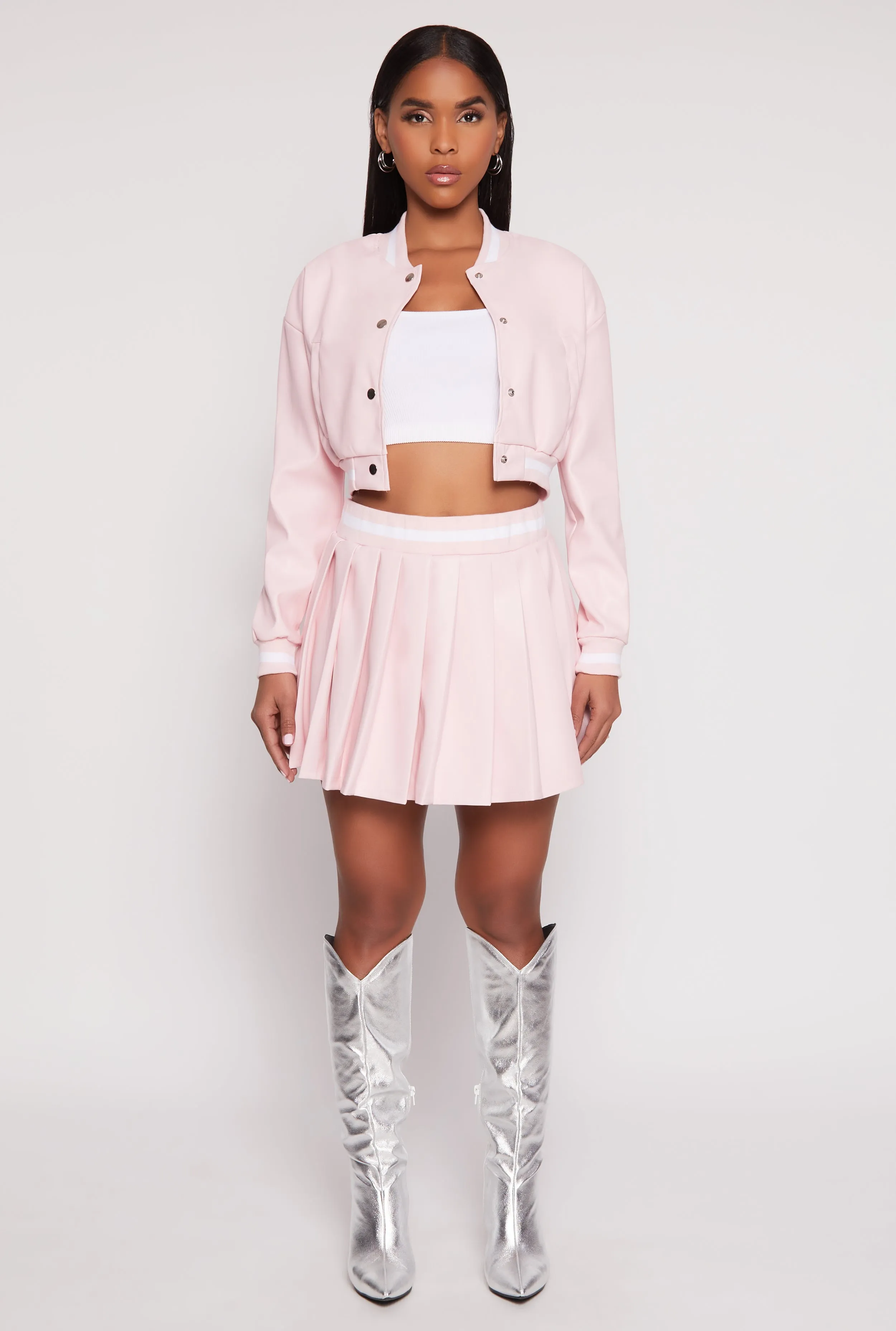 Faux Leather Varsity Stripe Pleated Skort sold by Rainbow product image thumbnail 4