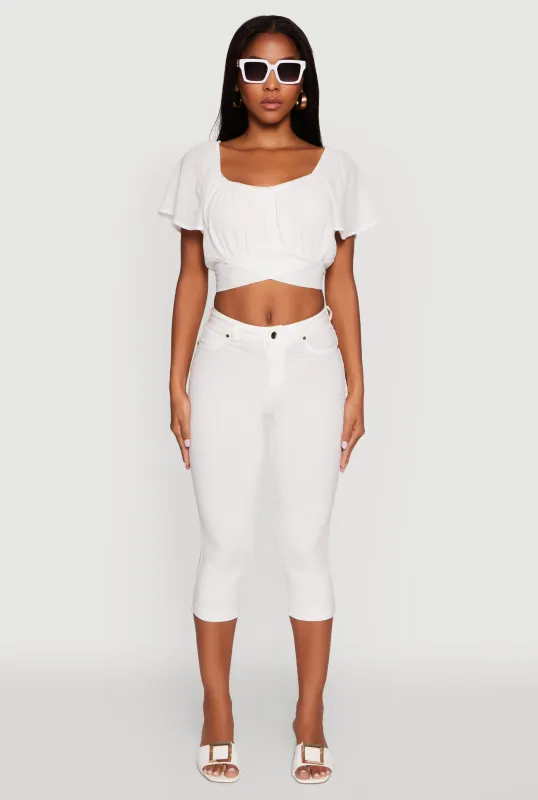 Classic Fit Scoop Neck Flutter Sleeve Crop Top sold by Rainbow