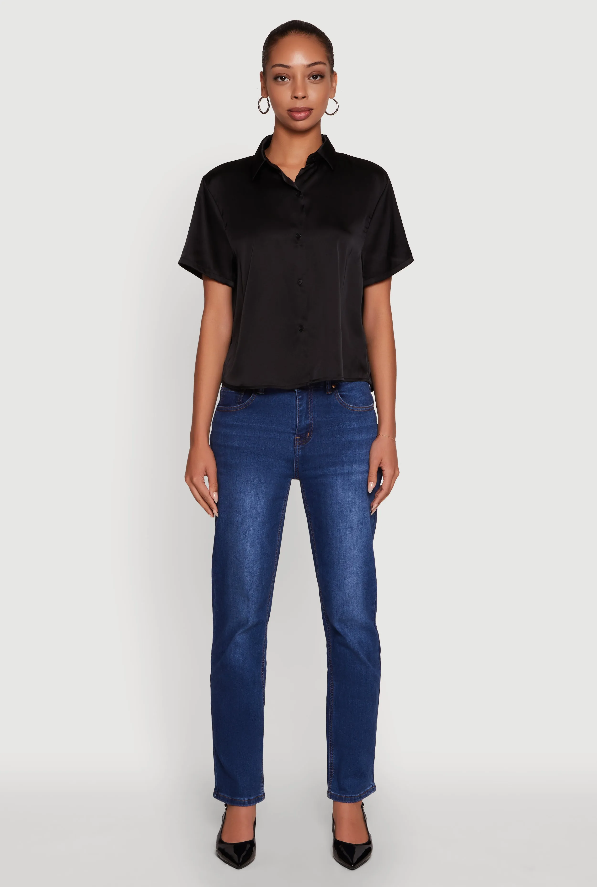 Satin Button Front Cropped Boxy Top sold by Rainbow