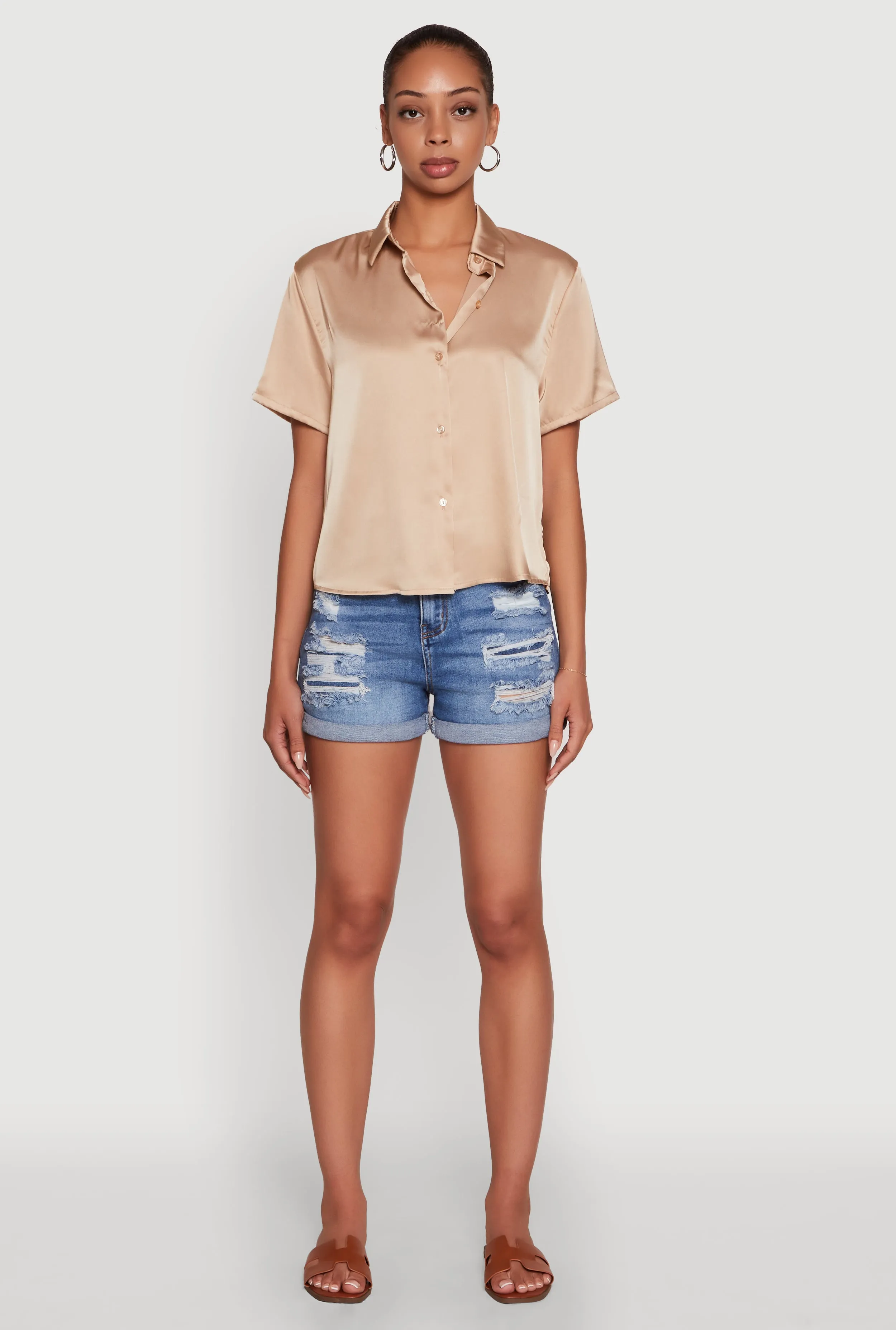 Satin Button Front Cropped Boxy Top sold by Rainbow product image thumbnail 4