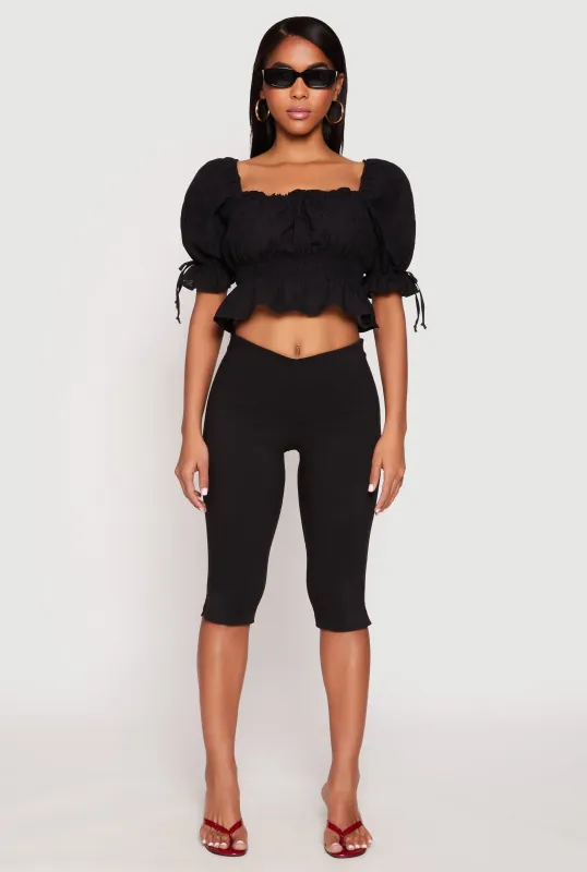 Eyelet Puff Sleeve Peplum Crop Top sold by Rainbow