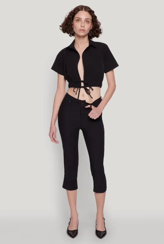Open Tie Front Cropped Shirt sold by Rainbow