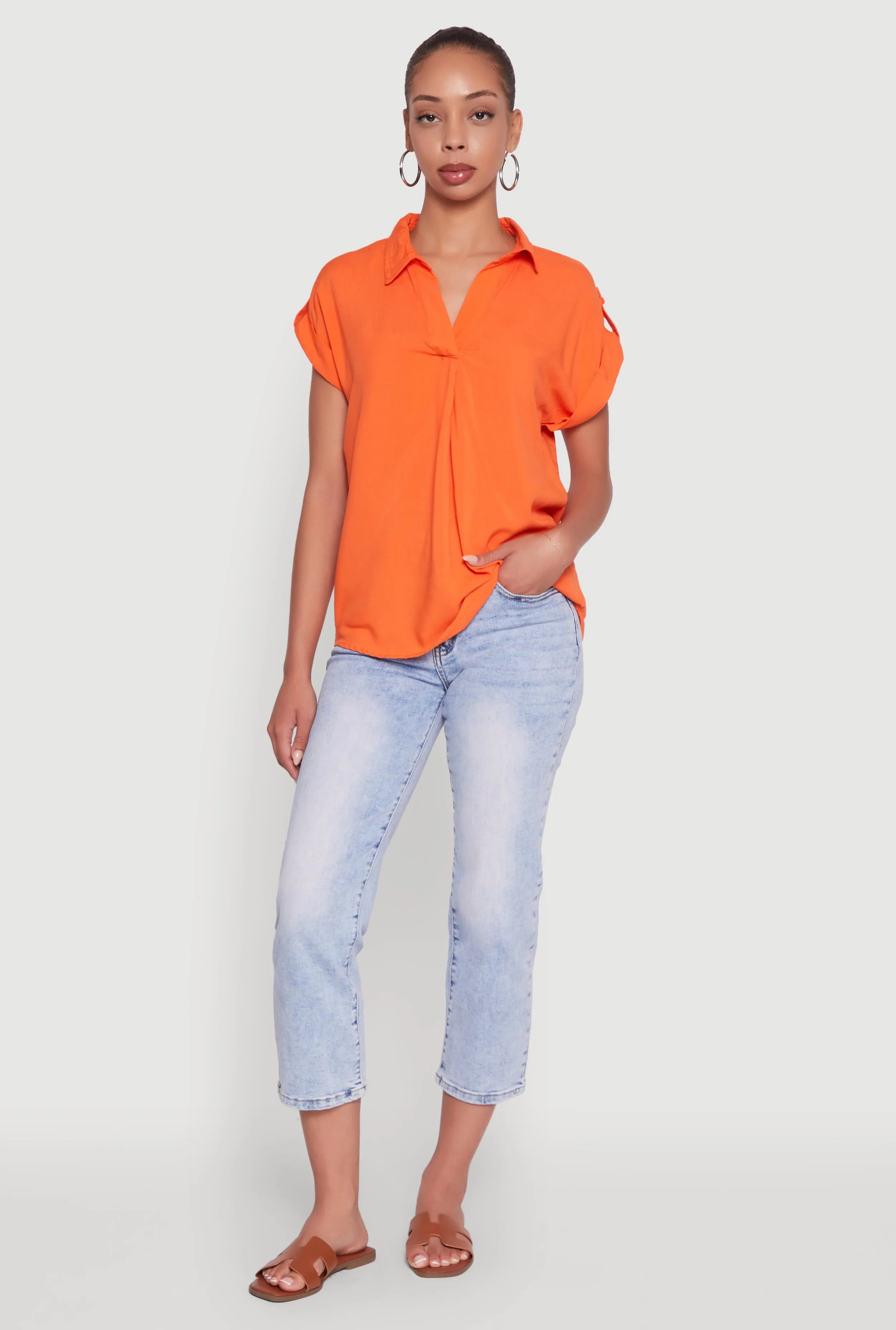 Trendy Tabbed Short Sleeve Collared Blouse sold by Rainbow product image thumbnail 5