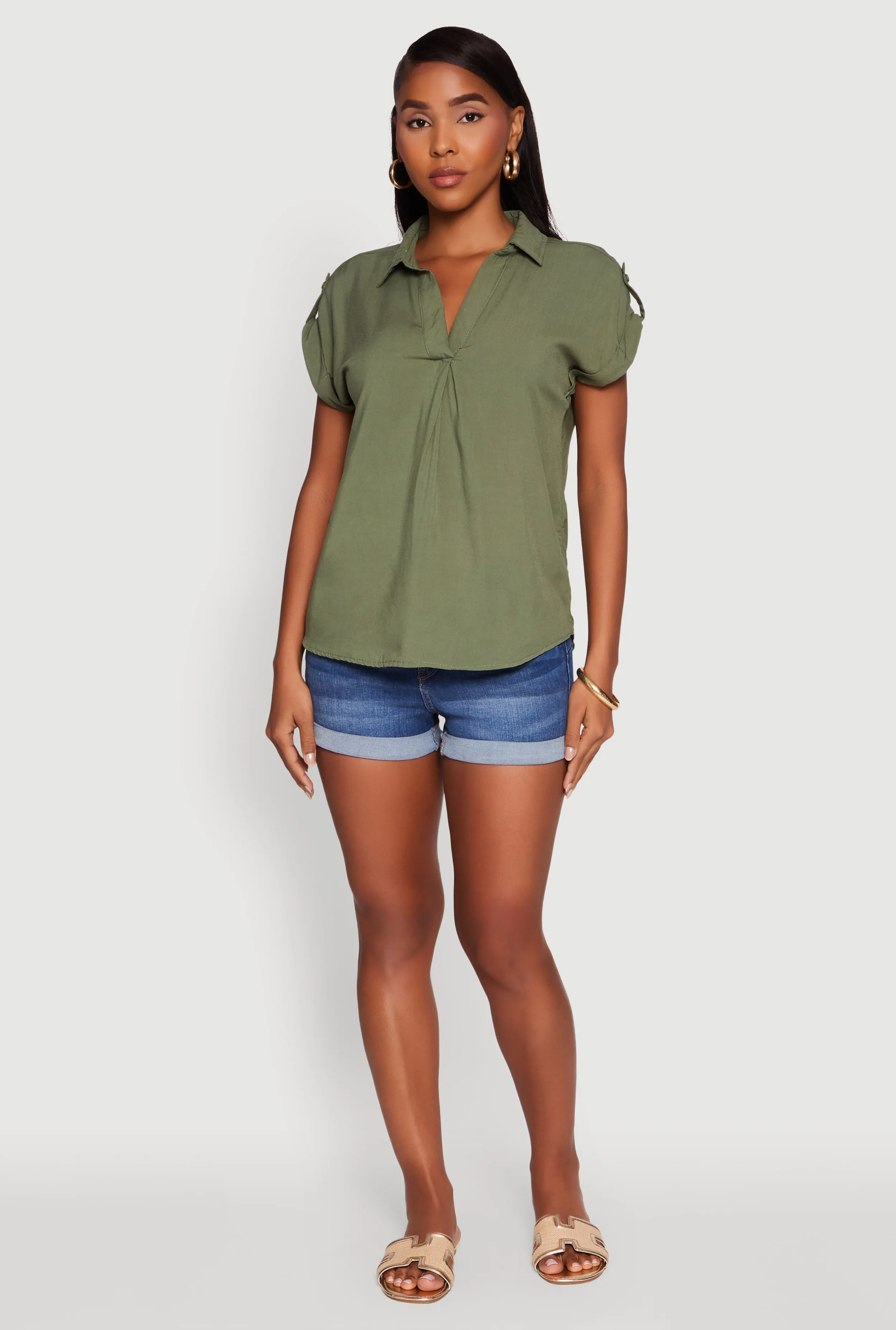 Trendy Tabbed Short Sleeve Collared Blouse sold by Rainbow product image thumbnail 4