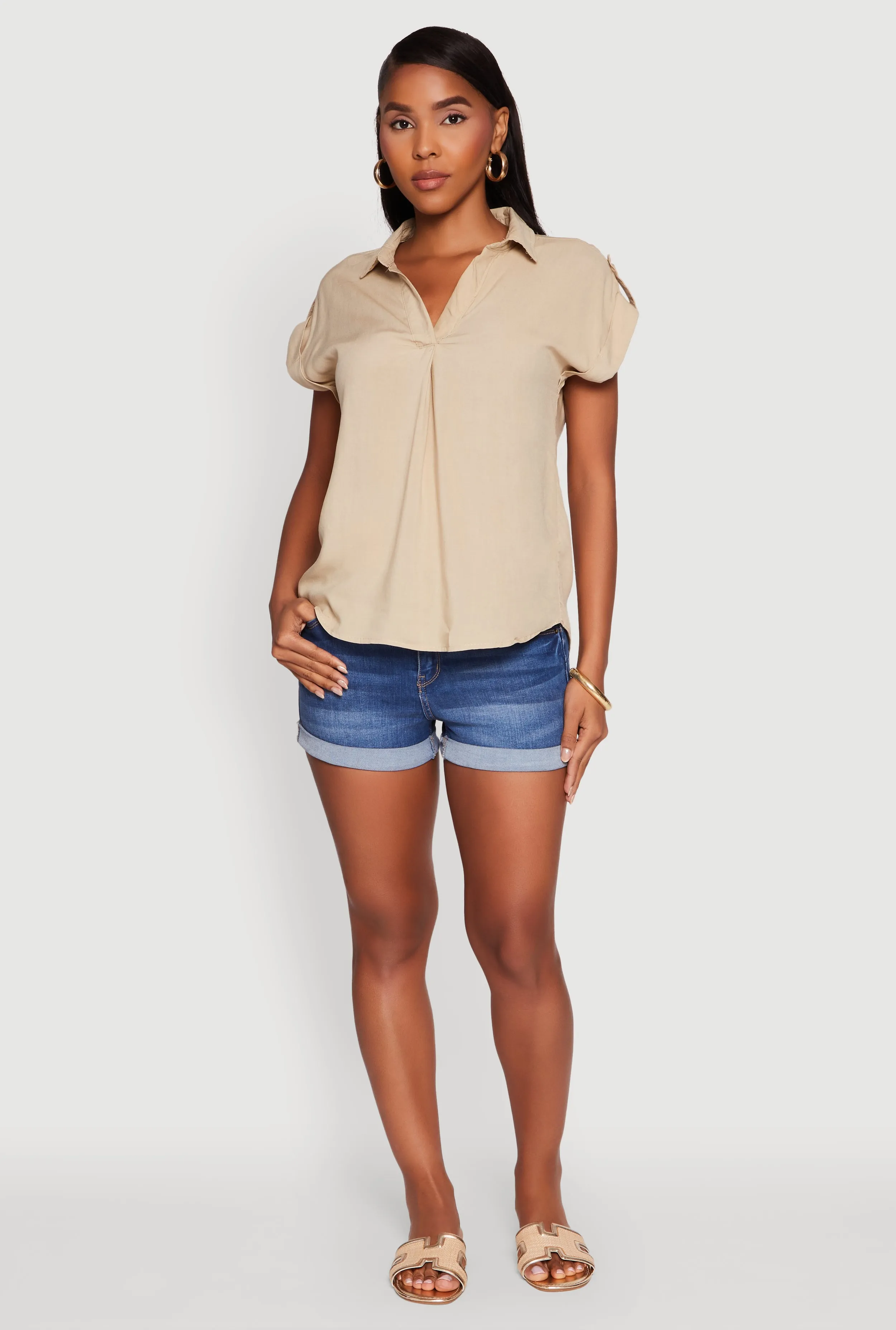Trendy Tabbed Short Sleeve Collared Blouse sold by Rainbow product image thumbnail 3