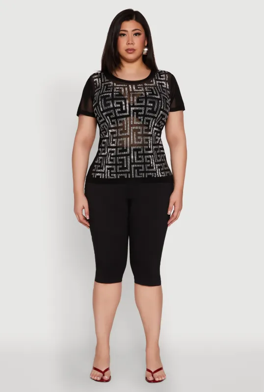 Plus Size Mesh Rhinestone Greek Key Top sold by Rainbow