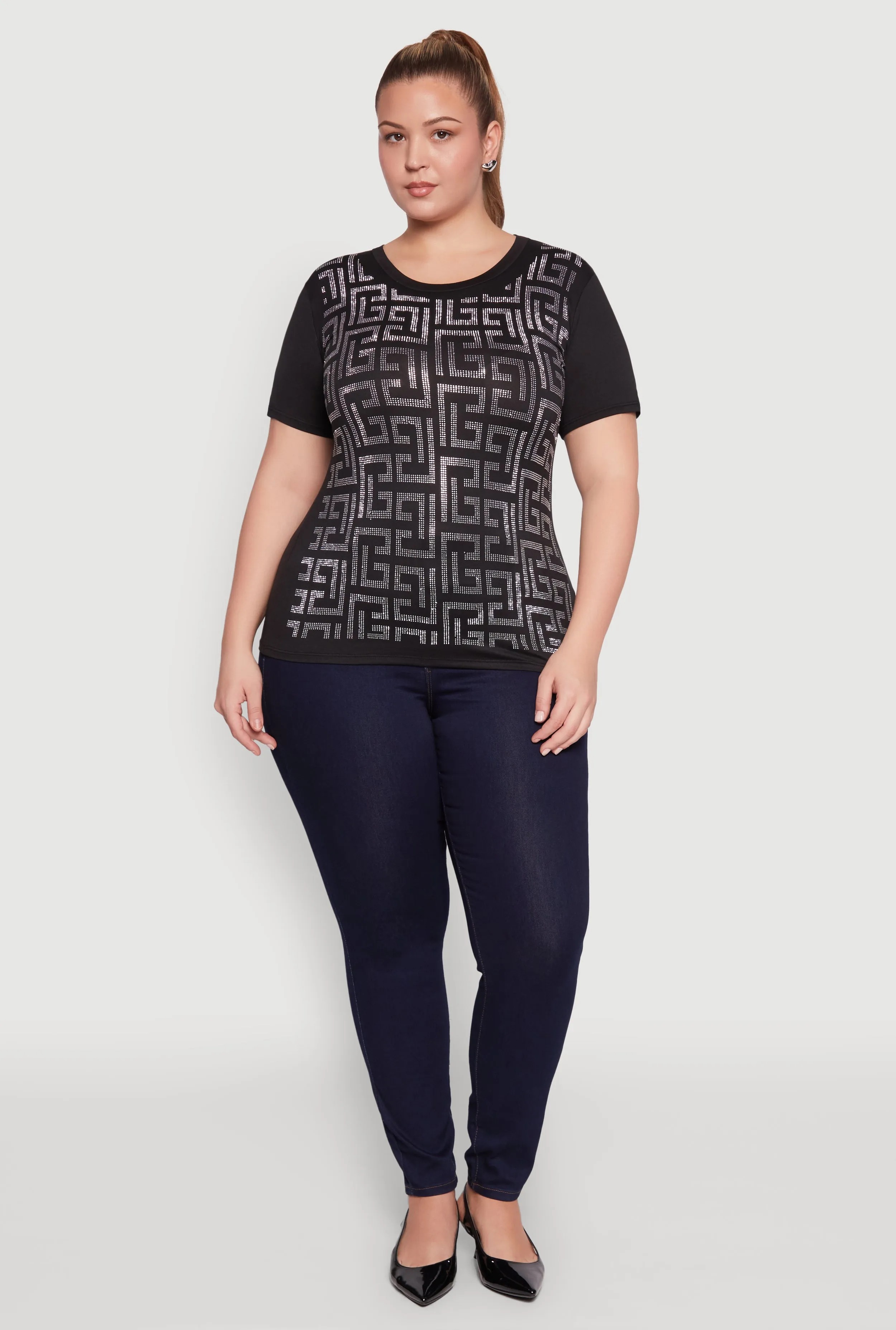 Plus Size Soft Knit Greek Key Rhinestone T Shirt sold by Rainbow