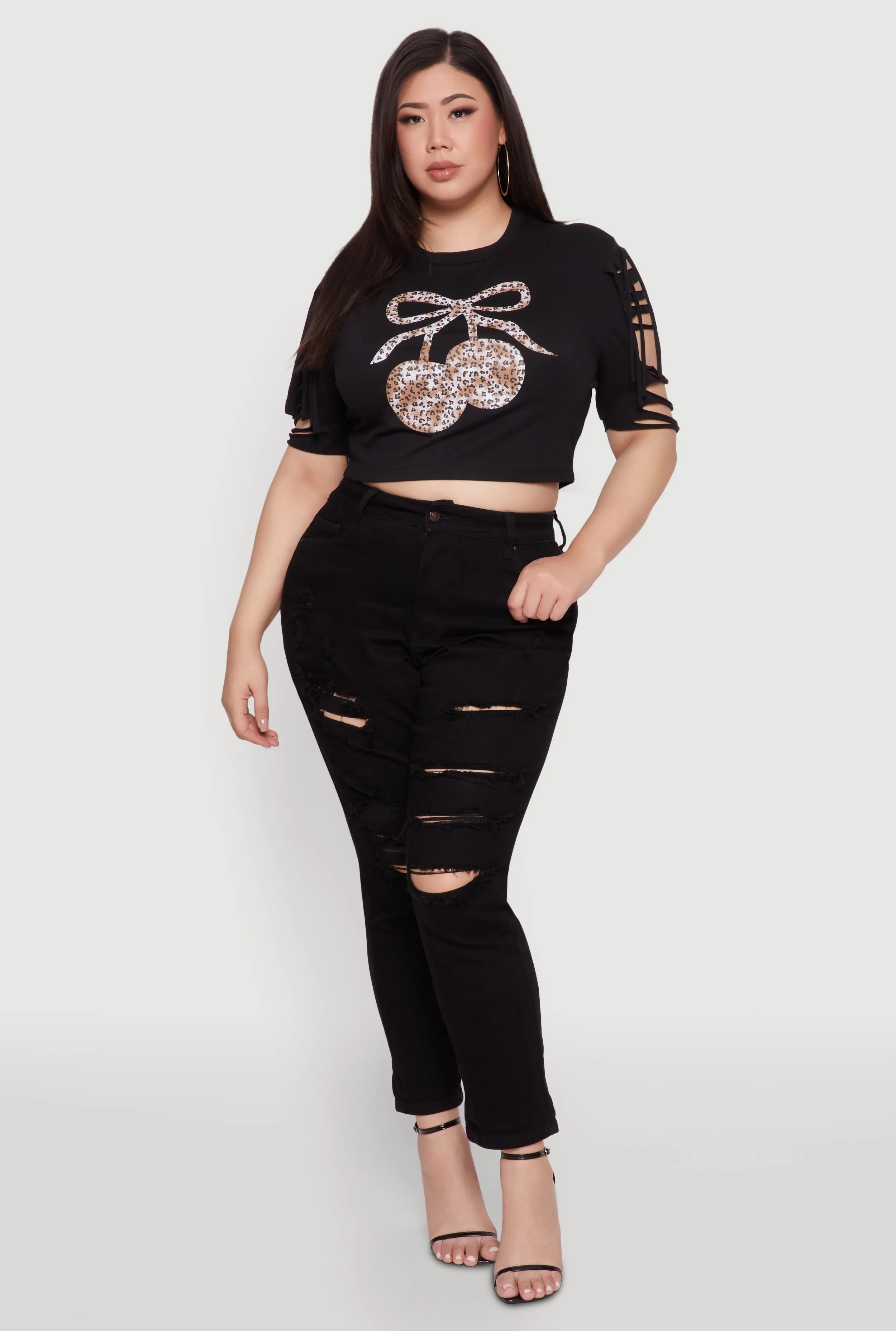 Plus Size Cherry Animal Print Crop Top with Slashed Sleeves sold by Rainbow