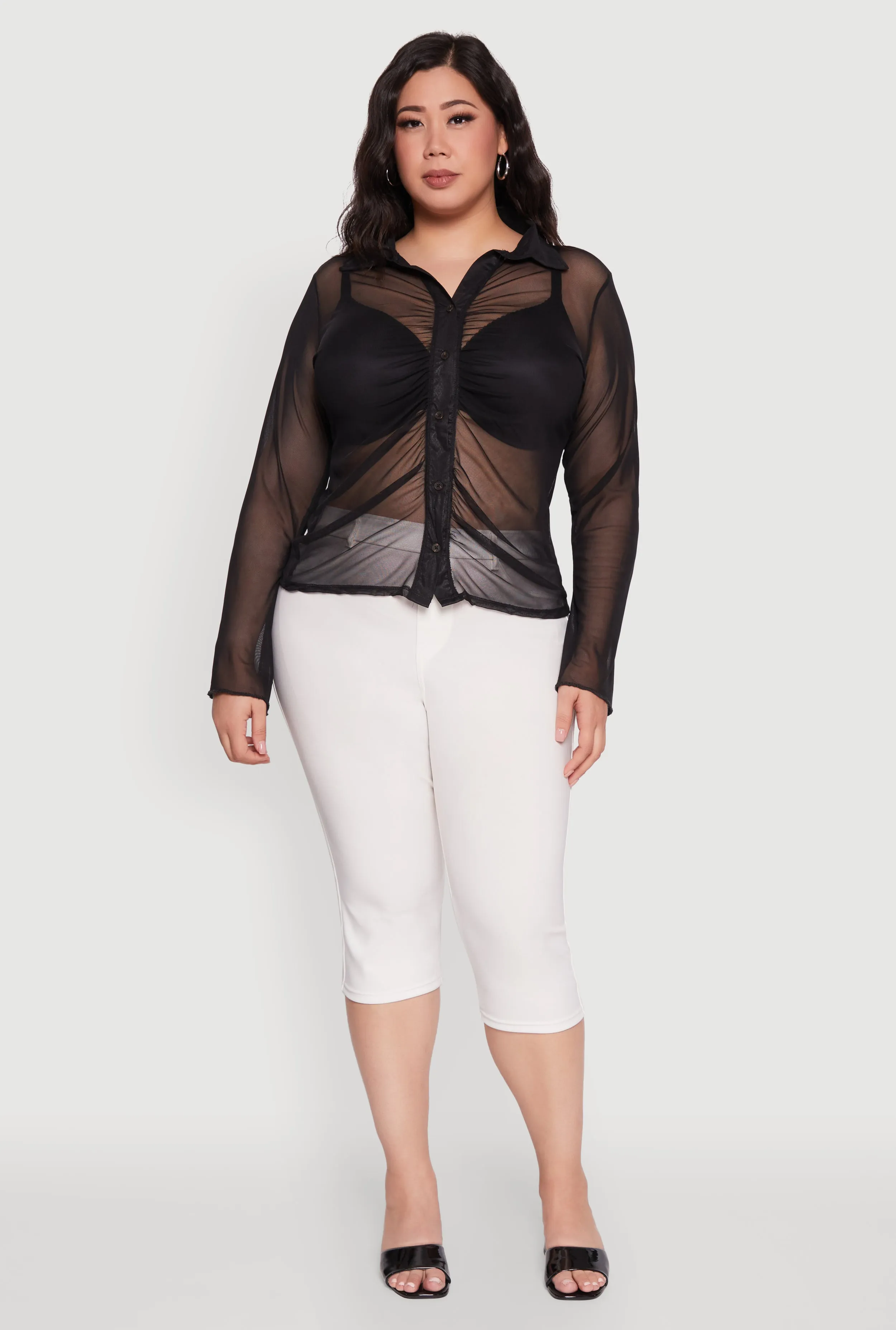 Plus Size Sheer Long Sleeve Shirt with Ruching sold by Rainbow