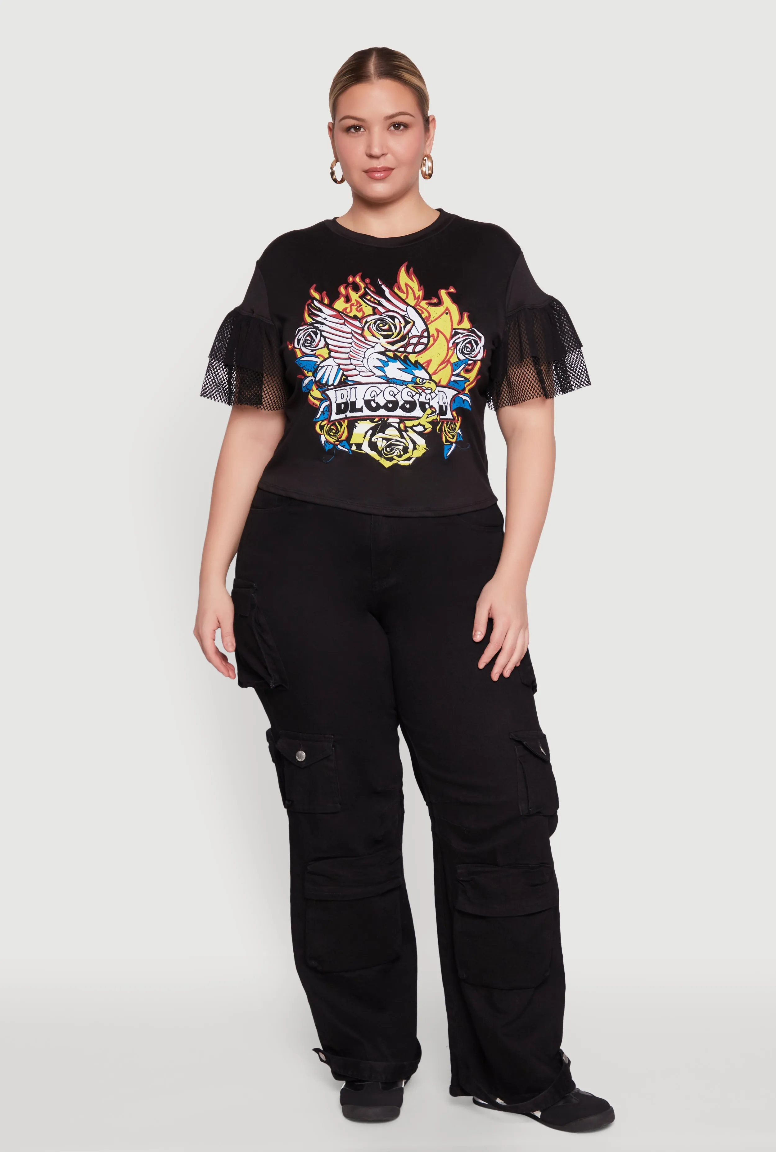 Plus Size Fishnet Sleeve Blessed Eagle Graphic Tee sold by Rainbow
