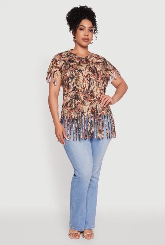 Plus Size Hunter Camo Fringe Hem T-Shirt sold by Rainbow