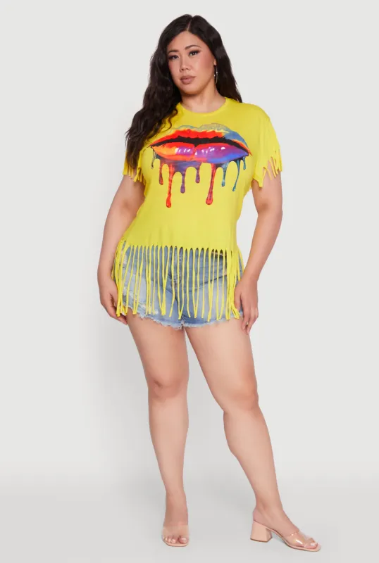 Plus Size Lip Graphic Fringe Hem T-Shirt sold by Rainbow