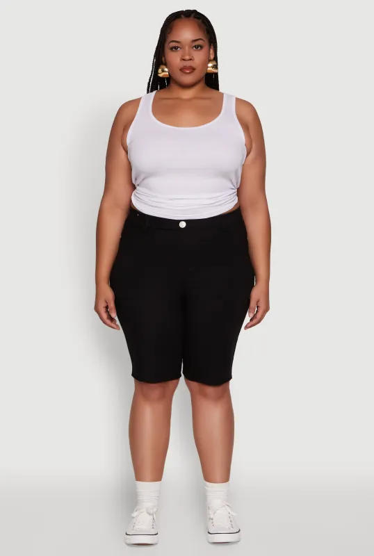 Plus Size Hyperstretch High Waisted Bermuda Shorts with Faux Button sold by Rainbow