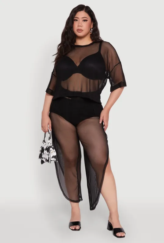Plus Size Trendy High Waist Side Slit Mesh Palazzo Pants sold by Rainbow