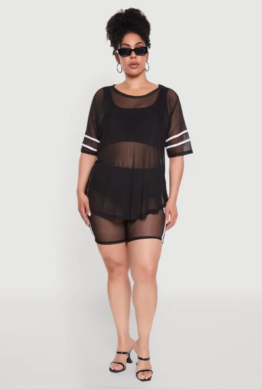 Plus Size Mesh High Waisted Bike Shorts with Varsity Stripe Details sold by Rainbow