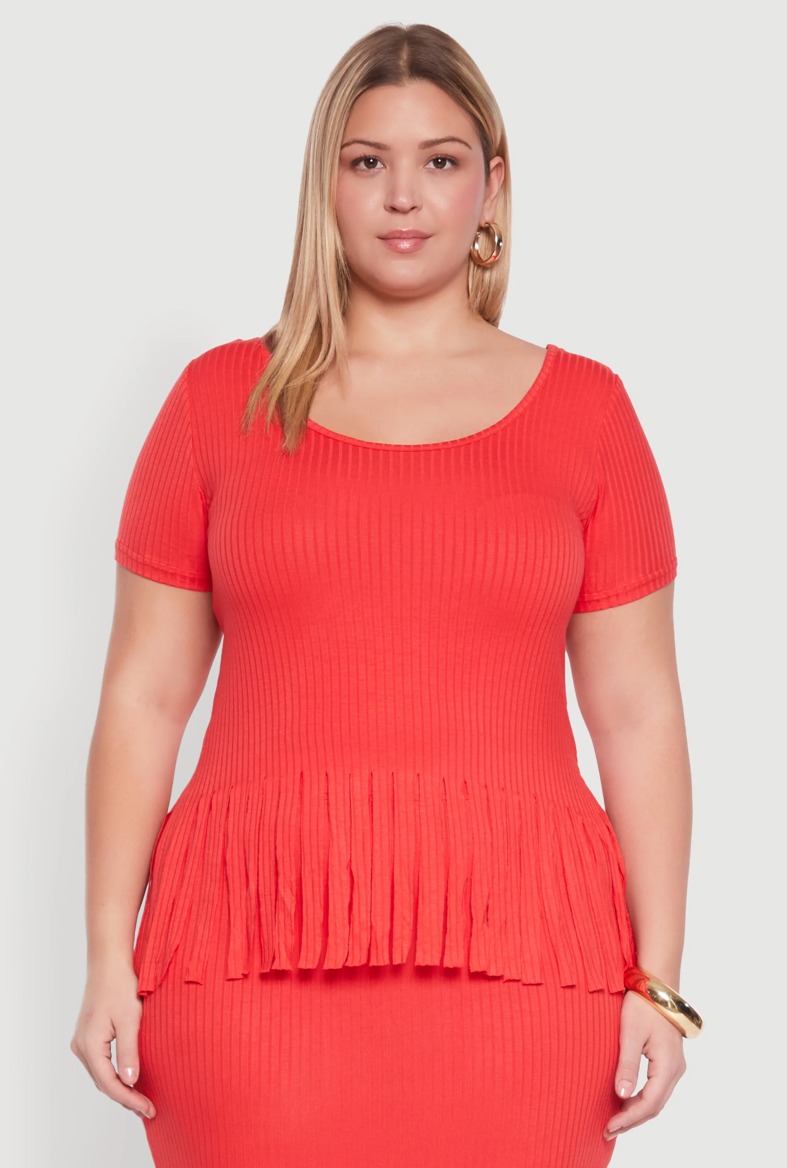 Plus Size Stylish Ribbed Knit Fringe Hem Tee sold by Rainbow product image thumbnail 3